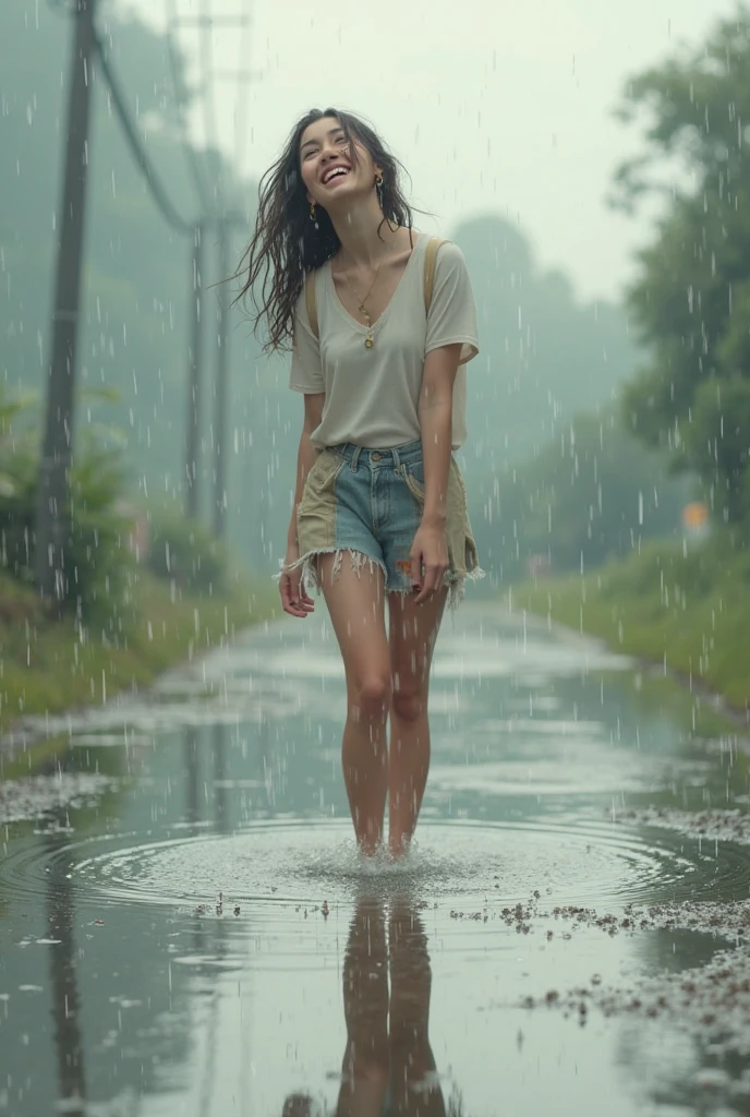 best image quality, masterpiece, super high resolution, (fidelity:1.4), photo, 1 girl, white shirt, torn jeans, white sneakers, dim, darkness, despair, pity, poor, movie, tears, teardrops, (torn clothes:1.5), (wet clothes:1.4), bare shoulders, real rain, wet hair,