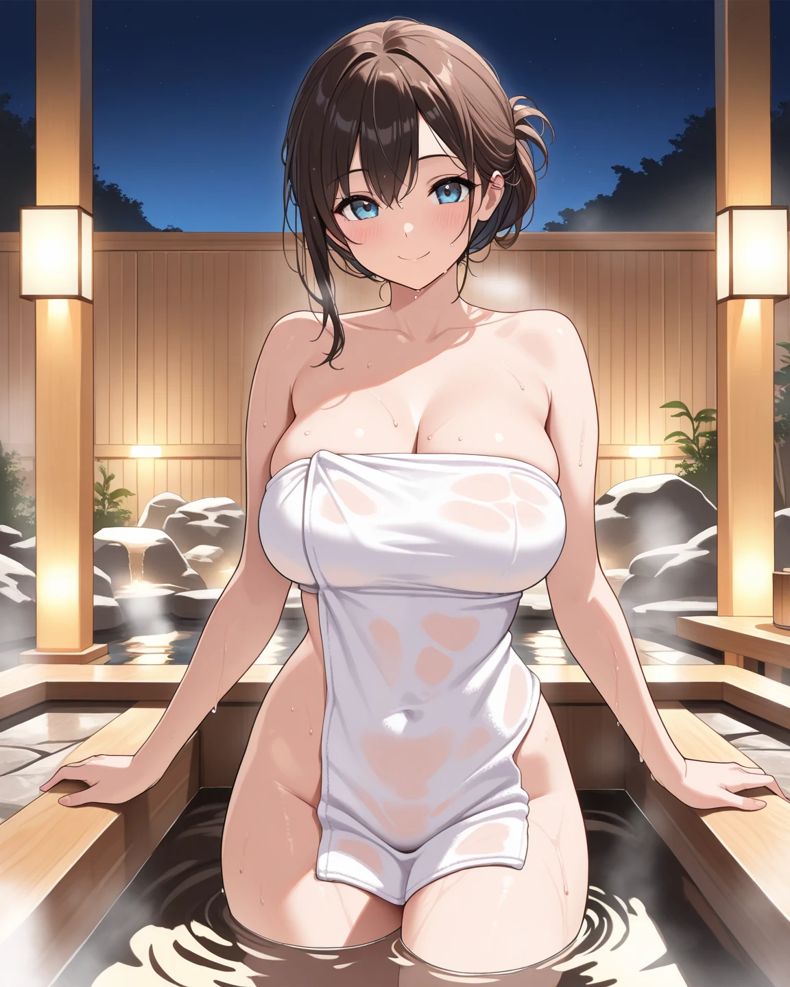 Ultra-detailed,(((NSFW:1.3))),(((Brown Hair:1.3. Wavy Hair:1.3. Bob Cut Hair:1.6. Round Eyes Beauty:1.3. Shapely breasts, brown eyes, side-swept bangs:1.6. Naked:1.3. My cheeks are red:1.3. Sweat:1.3)))、Being gang-raped:3.6、While taking a dip in the hot springs
