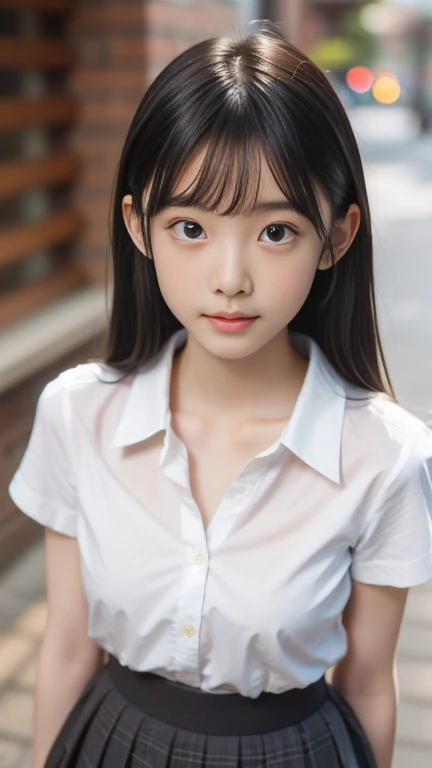 (masterpiece, highest quality:1.2), 8K, 12才のfull nudeの女の子, 85mm,Official AR RAW photo, スーパースリムなスレンダーbeautiful girl, (When I lift up my short navy blue skirt、下Half bodyfull nude、short sleeveの白シャツ、show me your ears、naked girl photo shoot、full nude, cute face, close, Half body, biolace, gardenia, beautiful girl, , thighs, short sleeve, Tied to the station platform with a rope, looking at the viewer, no makeup, (big smile), film grain, chromatic aberration, sharp focus, face light, clear lighting, Ten generations, detailed face, background bokeh, (dark red tie:1.1)、((((((12 year old girl))))))、((((((12才のfull nude女子高生)))))、thin waist、shy pose、shy and nervous girl