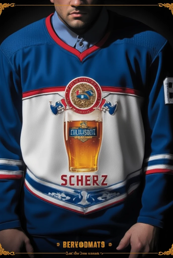 movie poster style hockey jersey with beer glass logo with the inscription "SCHERZ". The jersey is adorned with a richly patterned with intricate detailing.