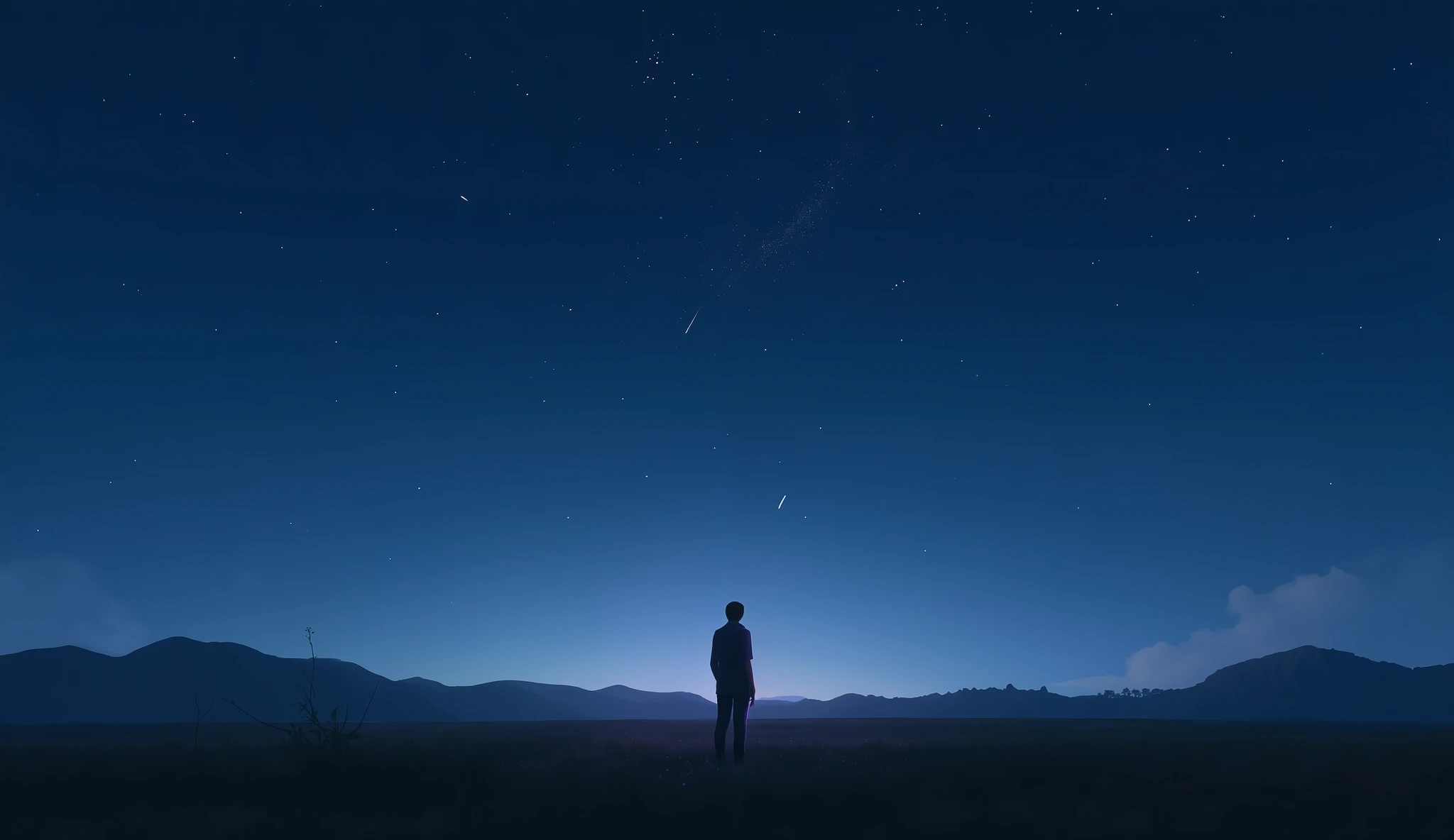 A melancholic yet dreamy night scene under a starlit sky. A lone figure stands in a wide, quiet field or on a rooftop, gazing up at the stars. A bright meteor shower streaks across the sky, symbolizing a fleeting and beautiful love. The person’s expression is thoughtful and nostalgic, as if remembering someone they once loved. The atmosphere is calm, soft, emotional — with cool tones like navy blue, soft purple, and gentle warm highlights from starlight. The lighting is cinematic, with a soft glow around the character. Optional elements: wind gently moving their clothes or hair, a faint silhouette of another person fading in the distance, or the remnants of a shared memory in the background. The style should feel poetic, emotional, and timeless — like a bittersweet memory captured in stillness.