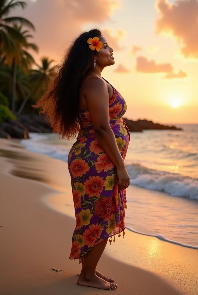 Ultra-realistic, 4K, Professional photos, 22-year-old girl, Black girl, ((huge breasts)), ((huge pregnant)), big curly hair, High resolution, Detailed face, Medium bodied, Floral skirt, (Open blue shirt), masterpiece, (Lighting), (1 solo), Beach Background, Realistic Background, Realistic photos
