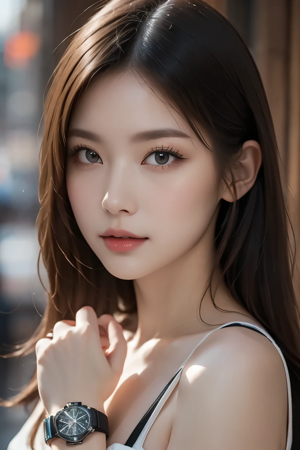 realistic、high image quality、detailed down to the smallest detail、8K、Watch cm、super close up of hand wearing watch、elegant font:'H Shock'