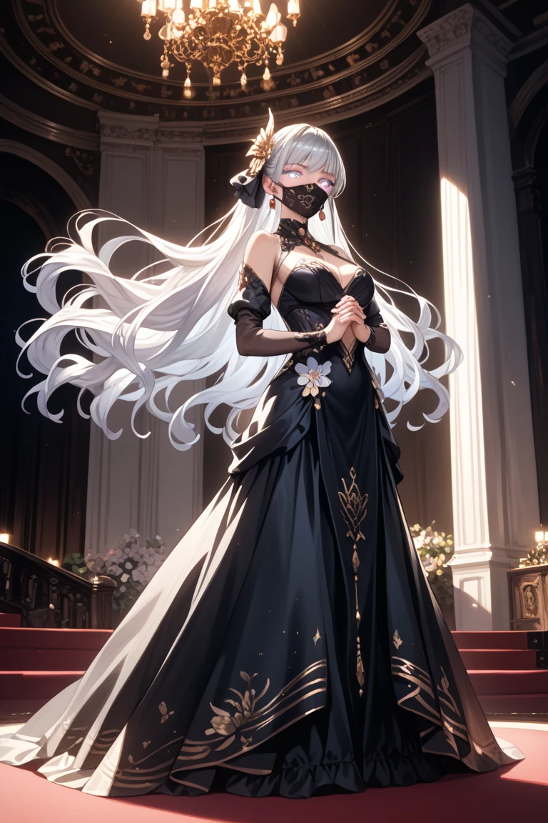 Black cat motif、black and platinum tones、Vibrant colors、((masterpiece)))、(((top-quality)))、((ultra-detailliert))、(A hyper-realistic)、(highly detailed CGillustration)、Official art、Oslo in the first half of the 20th century、Decadent、Madame Cat Black、Masquerade、Elegance、Masks that cover most of the face、Colorful and detailed mask design、matchless beauty、Fans、Female Solo、gorgeous dress、jewely、Perfect Angle、→ direction、perfect-composition、full body Esbian