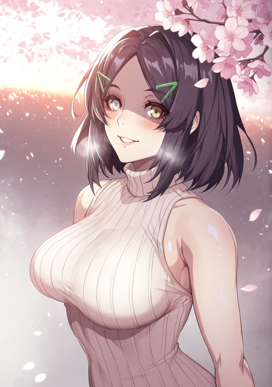 masterpiece, high quality, very detailed shading, perfect face, perfect hands, detailed background, young woman, adult woman, sparkling eyes, brown eyes, completed naked, very small breasts, forest, trees,flowers, complex background, blue sky,long black hair, brown eyes,cleavage, breasts out, pink nipples, wet