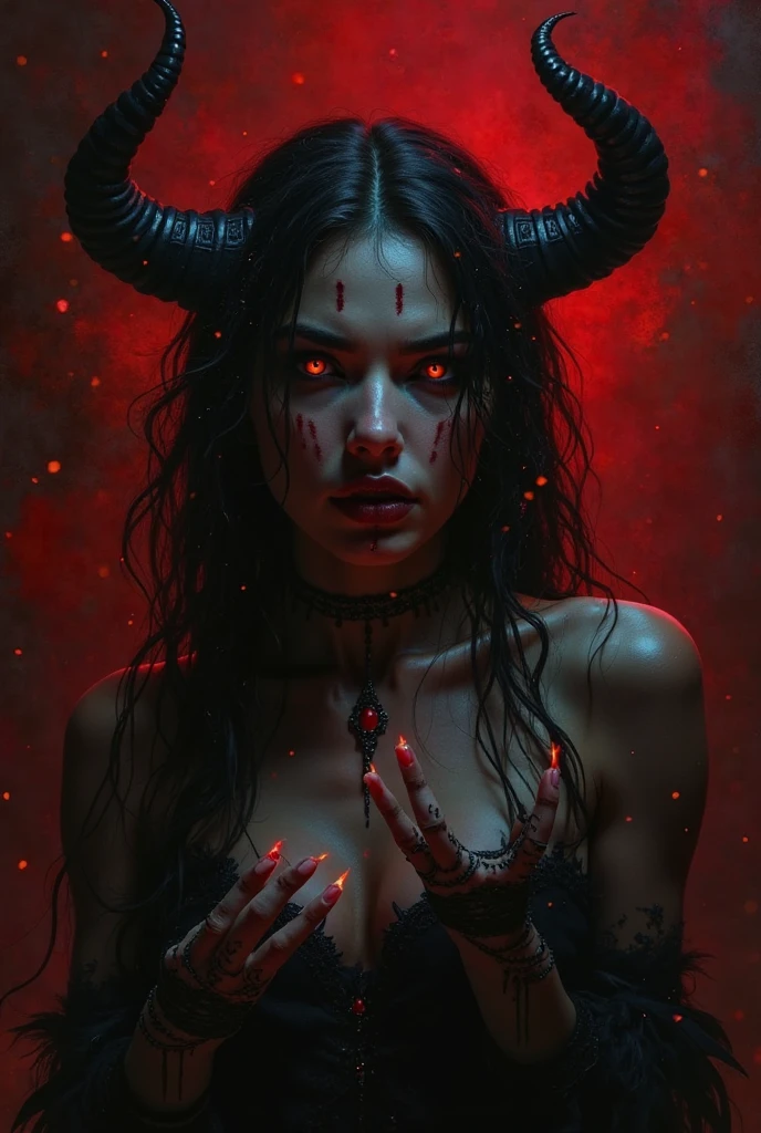 A ghastly Krampus with long, shaggy hair that swirls wildly around his terrifying face. His eyes glow a menacing red, while sharp teeth protrude from his terrifying mouth. Claw-like hands with sinister, curved claws give it a menacing presence. Its body is covered in thorny spikes and a sinister cloak of black mist envelops its eerie appearance. --auto --s2