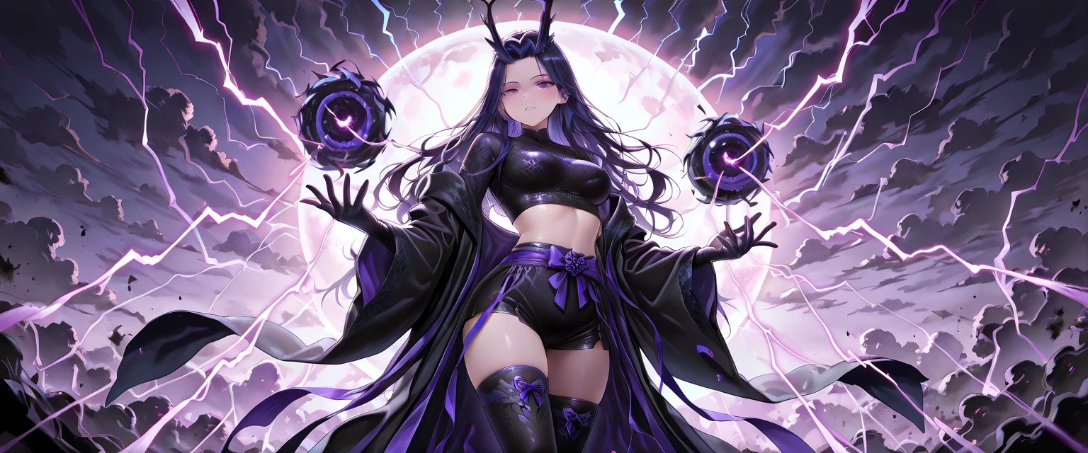 8K、female、aldult、Demon World、Dark Sorcerer、Purple outfit、Skin-tight clothing、Thin fabric clothing、High heels、Stylish body、sharp impression、Long Hair、Tall、Big Breasts、Cleavage、Close-up breasts、Fluttering cloak、Cane、Attack us with magic、Expressionless、Inside the cave