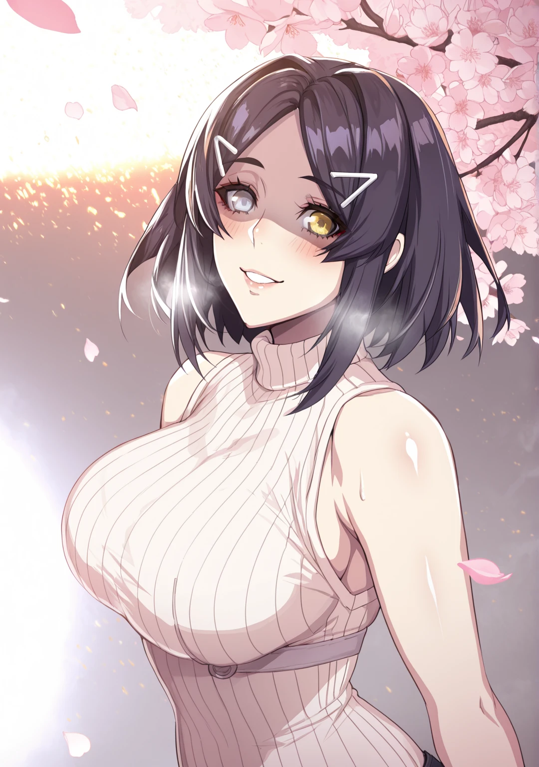 , (puuzaki_puuna(punopupupu)-style:1.4), (untue-style:1.2), ((anatomical correct)), ((embers)), ((Cinematic, unreal engine, eye-catching, ambient occlusion, UHD, masterpiece)), ((perfect lighting)), perfect body, perfect eyes, perfect fingers, gasping, heavy breathing, gasping profusely, ((skindentation)), ((curvy)), angel usukubo, short hair, bangs, black hair, hair ornament, yellow eyes, hairclip, medium hair, parted bangs, grey eyes, heterochromia, mature female, breasts, plump, 1girl, breasts, solo, looking_at_viewer, turtleneck, sweater, sleeveless, smile, ribbed_sweater, bare_shoulders, cherry_blossoms, sleeveless_turtleneck, blush, turtleneck_sweater, upper_body, hair_intakes, closed_mouth, alternate_costume, white_sweater, flower, sleeveless_sweater, parted lips falling petals, shaded face