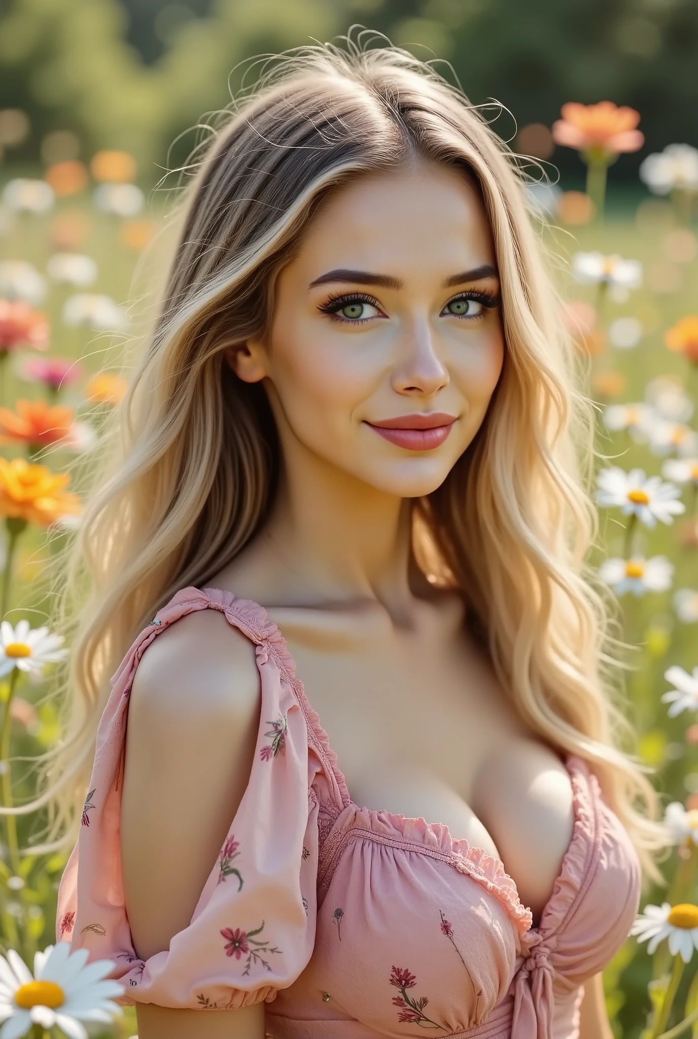 Surreal 18-year-old beautiful plump woman,((Wearing a long pink lace dress)), Model full body photography, Long messy hair dyed blonde, Apply dark eye makeup with eyeliner, Charming smile, Small necklace and earrings,, best quality, Ultra-high resolution, (Realistic skin texture) (Selfie Shop), 1 girl, Beautiful round eyes and facial details, masterpiece, best quality,((((full-body shot)))),((Different postures)),((Different actions)),((Flowers in hand)),