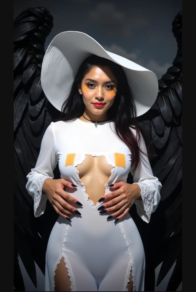 1girl, medium shot, beautiful female angel, large feather wings, (semi_nude), front view, slim waist, wide hips, thigh gap, standing straight, long hair, huge breasts, thicc body, highly detailed, plain dark background, detailed textures