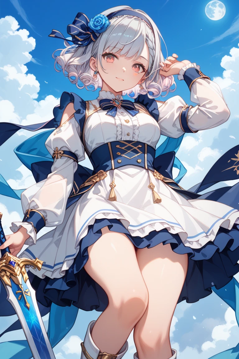 Looking back、Looking at the camera、White tights、off shoulders、buttock、Long skirt fluttering in the wind、Leans forward heavily、Pointing with one hand、Put one hand on your hip、one eye closed、Laughing、Opening Mouth、