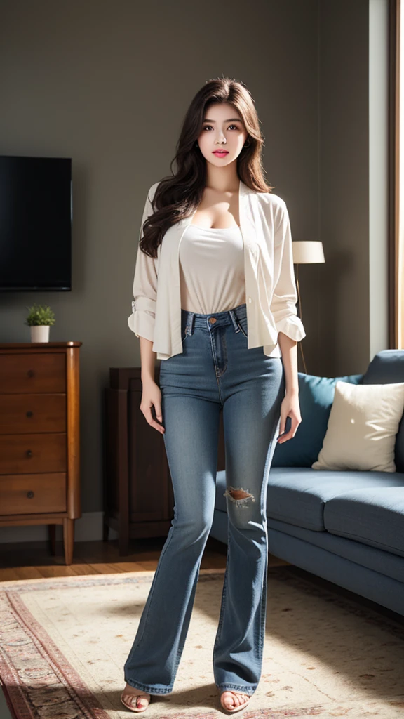 (RAW shooting:1.2, Photoreal:1.2, 8k, highest quality:1.2, masterpiece:1.2, ultra high resolution:1.2), (perfect dynamic composition:1.2, Highly detailed skin and facial textures:1.2,beautiful and aesthetic:1.2,full body:1.2, dark skin:1.2), (large breast:1.4),(perfect limbs:1.2), (perfect fingers:1.2),((latin american:1.2,1girl, tall:1.2,makeup:1.2),(sitting:1.2,chair:1.2,legs together:1.2),(wavy hair:1.2, long hair:1.2,brunette hair:1.2),earrings,(dark blue lace shirt:1.2,sleevesless:1.2),(dark blue jeans:1.2,long jeans,perfect thigh:1.2),sneakers:1.2),(simple background:1),
