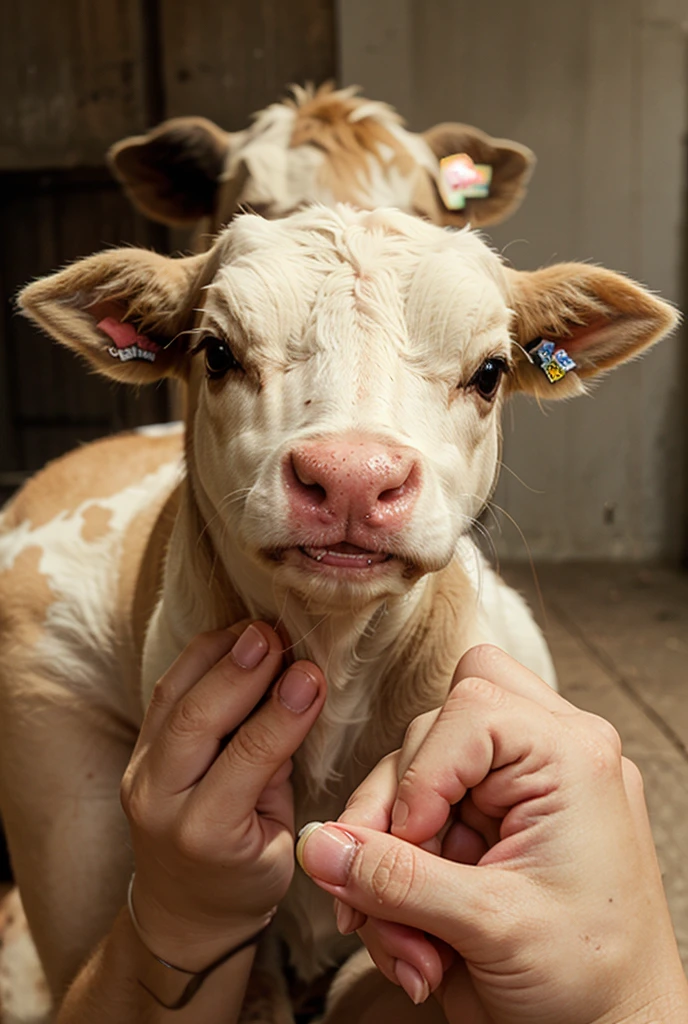 There is a small calf sitting in a person's hand, a miniature calf, a miniature animal, sitting on a finger, cute and cute, cute and cute, cute kitty, cute calf, the photo is very realistic, very small, Picture of a beautiful cow, just a neat little thing, cute little nose, beautiful and cute, beautiful creature, pretty cute, very detailed photo.