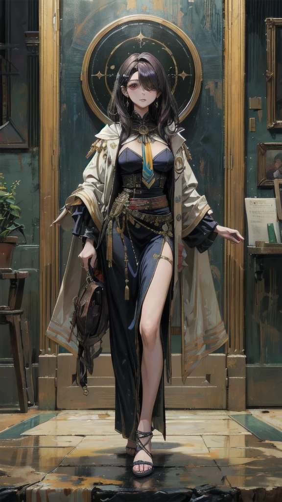 absurdres, RAW photo, extremely delicate and beautiful, masterpiece, Best Quality, ultra high resolution, 32k, hyperrealistic, ultra-detailed, perfect anatomy, anatomically correct, perfect figure, Perfect Style, Perfect balance, super Detailed skin, in her 30s, very Slim body, narrow waist, very small head, very small face, delicate facial features, handsome detailed woman, very detailed eyes and face, realistic face proportions, Realistic beautiful face, Realistic beautiful eyes, tearful mole, earring, big tits, full body shot, bare legs, medium hair, indoor, Legendary Pirate costume, Practical pirate clothing, Long-sleeved pirate top, Skirt, shirt, Torn pirate hat,