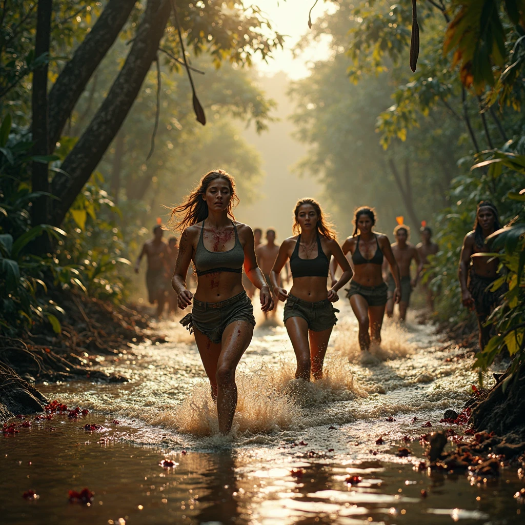 A terrified nude korean female age 21 sprinting through a dense, verdant jungle, her lithe body glistening with perspiration and streaked with dirt. Her long, raven hair streams behind her like a dark banner of panic as she flees from the pursuing cannibal tribe. The cannibals, a group of burly, muscular women with mud, dirt and blood covered their body, are depicted in hot pursuit, their eyes ablaze with savage hunger and their teeth bared in ferocious snarls. The leader, a athletic female figure with a headdress made of bones and feathers, wields a menacing spear adorned with human trophies, while others in the tribe follow with makeshift weapons like clubs and machetes. The vibrant foliage of the jungle forms a stark contrast with the raw, primal scene unfolding, creating a tableau of fear and survival. The light source, possibly the setting sun, casts a warm glow that filters through the dense canopy, casting dappled shadows across the chase. The tension in the air is palpable, the urgency of the moment captured in the stark nudity and the desperate, powerful stride of the fleeing woman, as the relentless pursuers close in, their intent to capture and consume her unmistakable in their every grimace and gesture. The background whispers of a fiery camp, hinting at the impending fate that awaits should she falter. The chaotic yet meticulously detailed scene evokes a sense of horror and excitement, a modern reimagining of a timeless battle between the wild and the innocent.