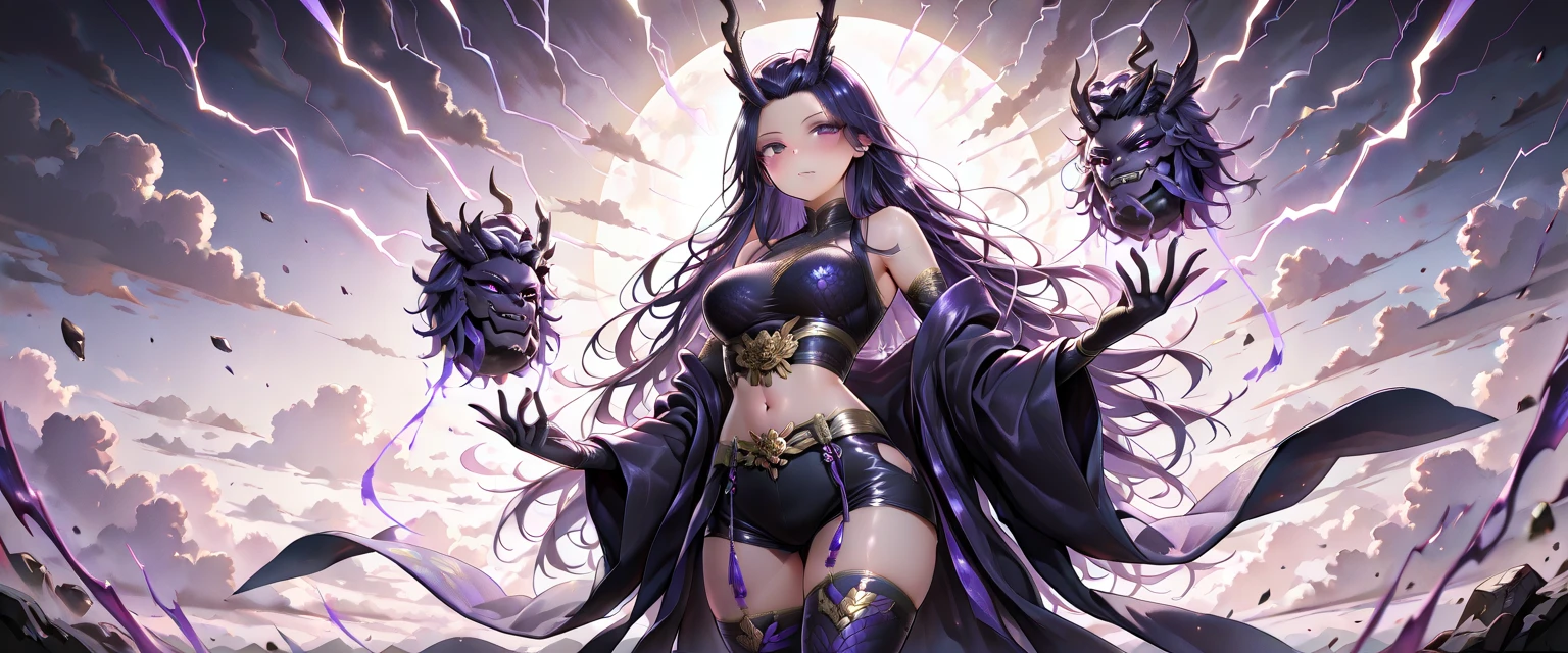 black long hair woman,goddess,,cleavage,black dragon horn,black dragon wing,black dragon scale,black dragon tail,Abdominal muscles,,claws,Thong full body standing dark cloud thunder and lightning