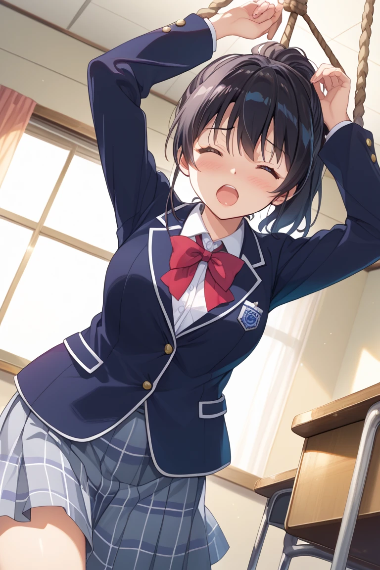 <lora:rikkasdxlV33:0.8>, masterpiece, best quality, absurdres, 1girl, rikka, yellow ornament, school uniform, plaid skirt, blazer, red bow, black thighhighs, school background, happy, v over head, foreshortening, one arm up