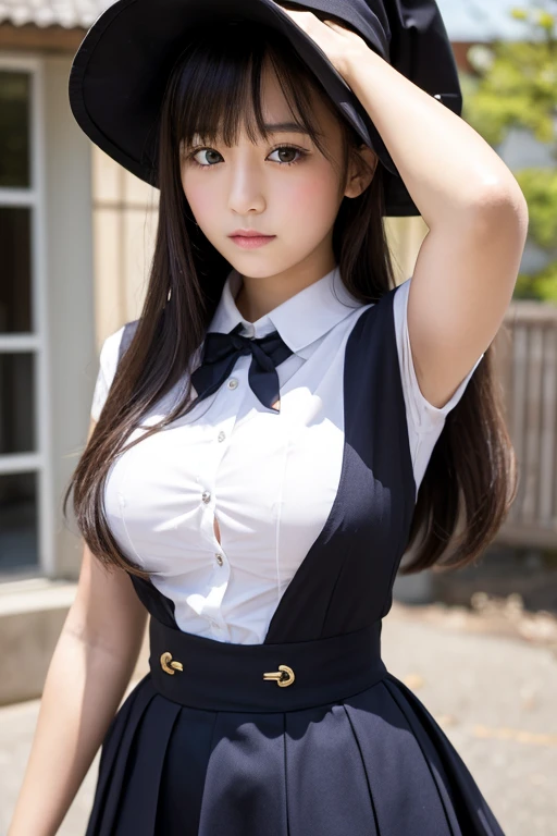 School girl, cleavage, dynamic poses, dynamic angle, standing, gyaru