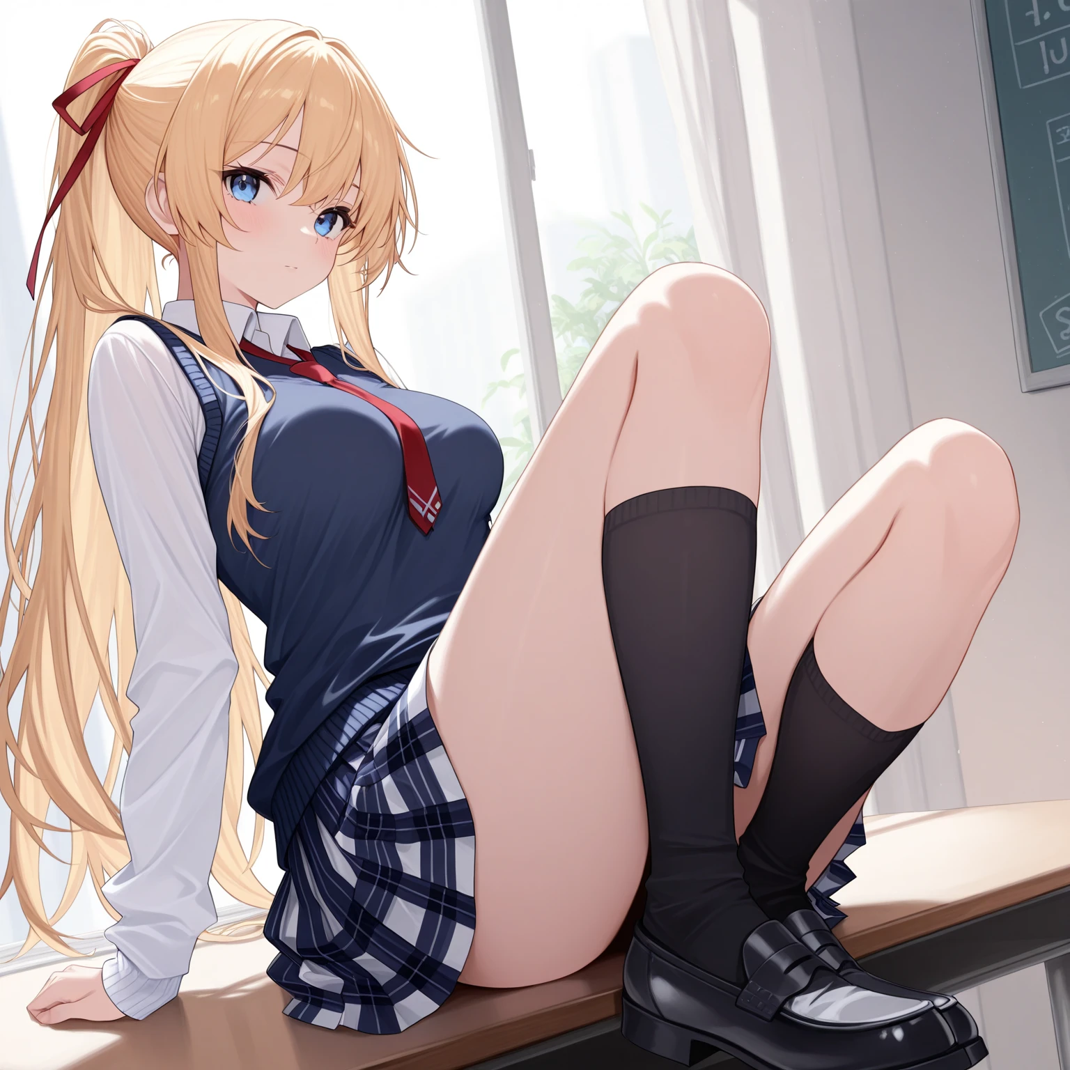 eririspencer, eriri sawamura spencer, blonde hair, blue eyes, blunt bangs, hair ribbon, hime cut, long hair, twintails,
BREAK black ribbon, black skirt, black thighhighs, pleated skirt, ribbon, school uniform, skirt, zettai ryouiki,
BREAK looking at viewer,
BREAK indoors, classroom,
BREAK (masterpiece:1.2), best quality, high resolution, unity 8k wallpaper, (illustration:0.8), (beautiful detailed eyes:1.6), extremely detailed face, perfect lighting, extremely detailed CG, (perfect hands, perfect anatomy),(white panties:1.5), small breasts, (sitting on floor), skirt lift, smile, leg up, spread legs, (short, tiny, little:1.5), open mouth, from below