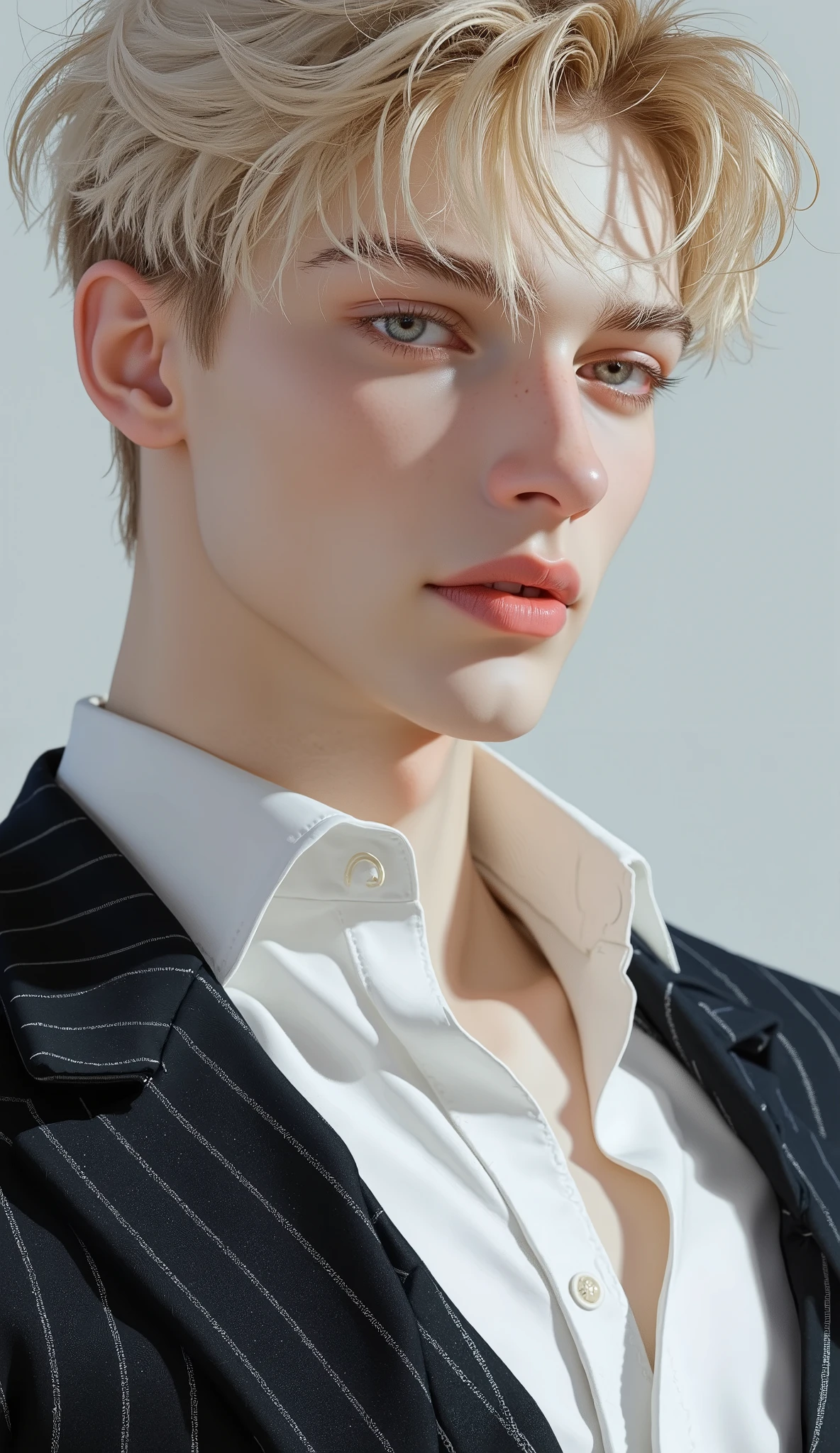 Boy, blonde hair, dark blue eyes, sharp features, white skin, light pink lips, handsome, perfect, elegant, wearing formal winter clothes, bright and clear colors, high resolution.
