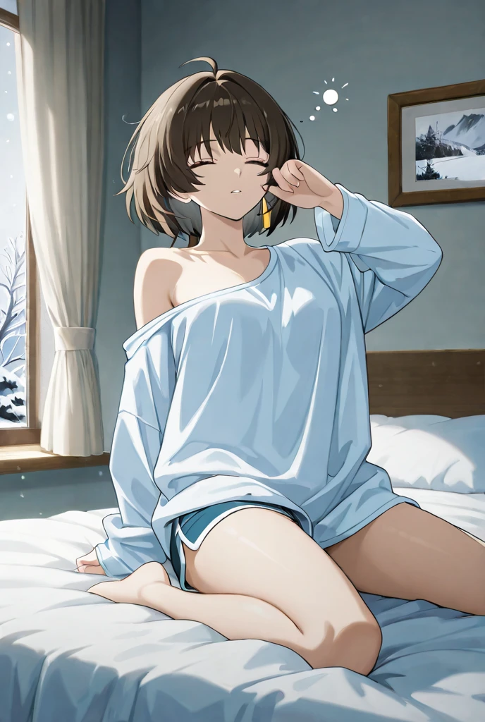 ((mesa, Best Quality, High resolution, NffSW, pixel perfect, 4k, NffSW, NffSW))), 1 girl in, single, Alone, beauty、full body seen、 ((medium wave hair, hits, Brown hair)), ((Brown Eyed, Beautiful eyelashes, realistic eyes)), ((detailed face, blush:1.2)), ((Smooth texture:0.75, realistic texture:0.65, photorealistic:1.1, cg anime style)), Mikoto went up, medium breasts, dynamic angle, perfect body, messy hair, light, dreamer, ojos dreameres, Sleepy, (green_eyes:1.3) enchanted green eyes, hood, hoodie, frog hoodie, (frog hood:1.5),, (dressed frog:1.3), unzipped hoodie, naked hoodie, without pants, no skirts,