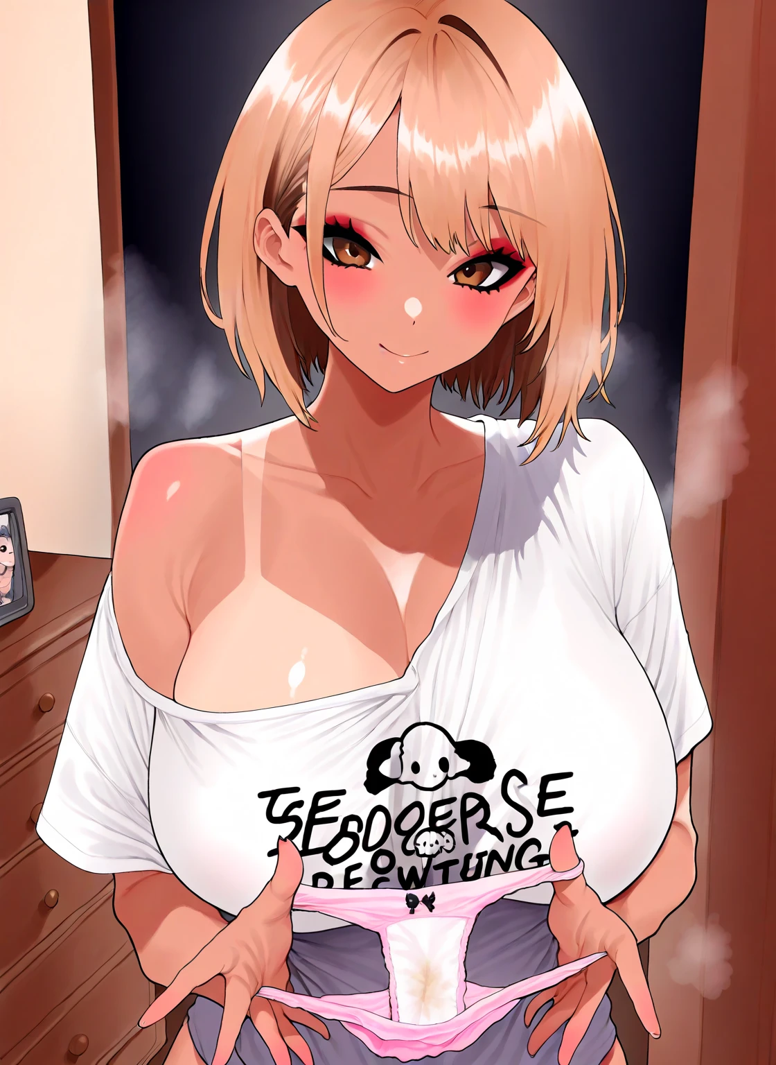 score_9, score_8_up, score_7_up, score_6_up, uncensored, chartreux westia, short hair, bangs, yellow eyes, grey hair, hair over one eye, tiara, BREAK Anime Style, Manga Style, Hand drawn, cinematic, Sharp focus, humorous illustration, big depth of field, Masterpiece, concept art, trending on artstation, Vivid colors, Simplified style, trending on ArtStation, trending on CGSociety, Intricate, Vibrant colors, Soft Shading, Simplistic Features, Sharp Angles, Playful BREAK, breasts, nipples, artificial vagina, 1girl, hetero, penis, navel, male masturbation, clothes lift, mature female, panties, large breasts, underwear, phone, white panties, open mouth, notice lines, masturbation, solo focus, bottle, shirt lift, 1boy, cellphone, sex toy, looking at viewer, cheating \(relationship\), holding, cellphone photo, pubic hair, shirt, pov, holding bottle, pornography, pink sweater, indoors, sweater, baby bottle, smartphone, seductive smile