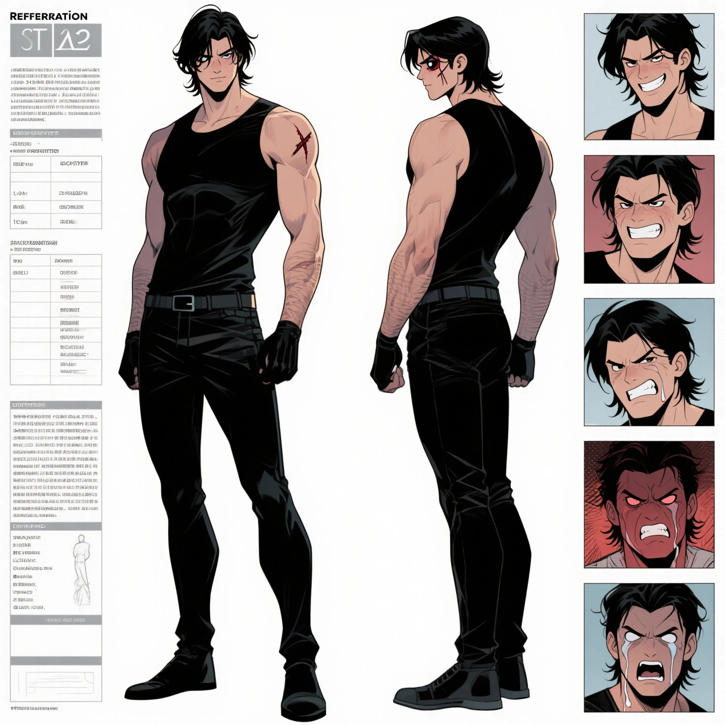 Profile image of a middle-aged man named Michael Saldanha. He has deep black skin, short curly black hair with gray at the temples, and dark brown eyes with a sharp expression. His build is athletic and well-defined. The style should blend 1980s comic book art with 1980s anime, showing him in a confident pose. The background should be transparent. Different angles, character sheet, white background --3:2 aspect ratio, different poses