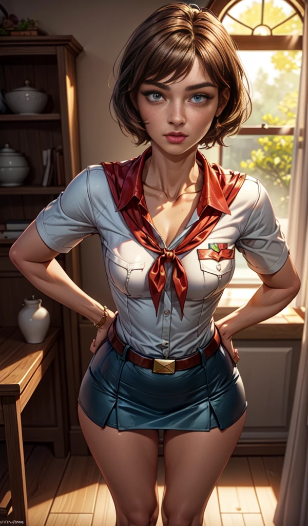 detailed eyes, (full body shot:1.2), 8k, (skinny body:1.2), curvy, (hands behind her back:1.2), seductive pose, (looking at viewer, 8k vector photography, young teen, beautiful eyes, realistic lighting, detailed outfit, realistic facial features, hyper detail, (perfect angle, focus on face hips and breastegane)), (very short hair:1.3), short disheveled hair, ahoge, flat chest, pioneer neckerchief, micro blue tight skirt, bangs, shirt, collarbone, very tight white shirt, short sleeves, collared shirt, belt, eyelashes, red neckerchief, breast pocket, resembles a sex doll, maryarya