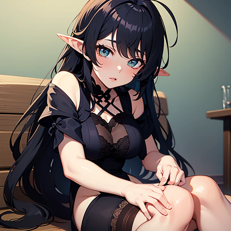 (*****, top-quality, 8K, masterpiece, Top image quality, Hi-Res, super detailing, Ultra HD, best quality, detailed background, (hyper detailed, intricate detail, Detailed hair ++, detailed eyes ++, raytracing, perfect shadow, enhanced eyes), (Delicate and smooth skin, real looking skin, Perfect and beautiful face ,Perfect and cute face, high detail skin, Perfect limbs)), girl , on all fours , ass , crawling, black bikini , black hair , blue eyes , blue hair , blurry background , blush , colored inner hair , halo , indoors , large breasts , breasts hanging , looking at viewer , looking to the side , pov from side, multicolored hair , pointy ears , solo , two-tone hair, sexy facial expression, seductive pose