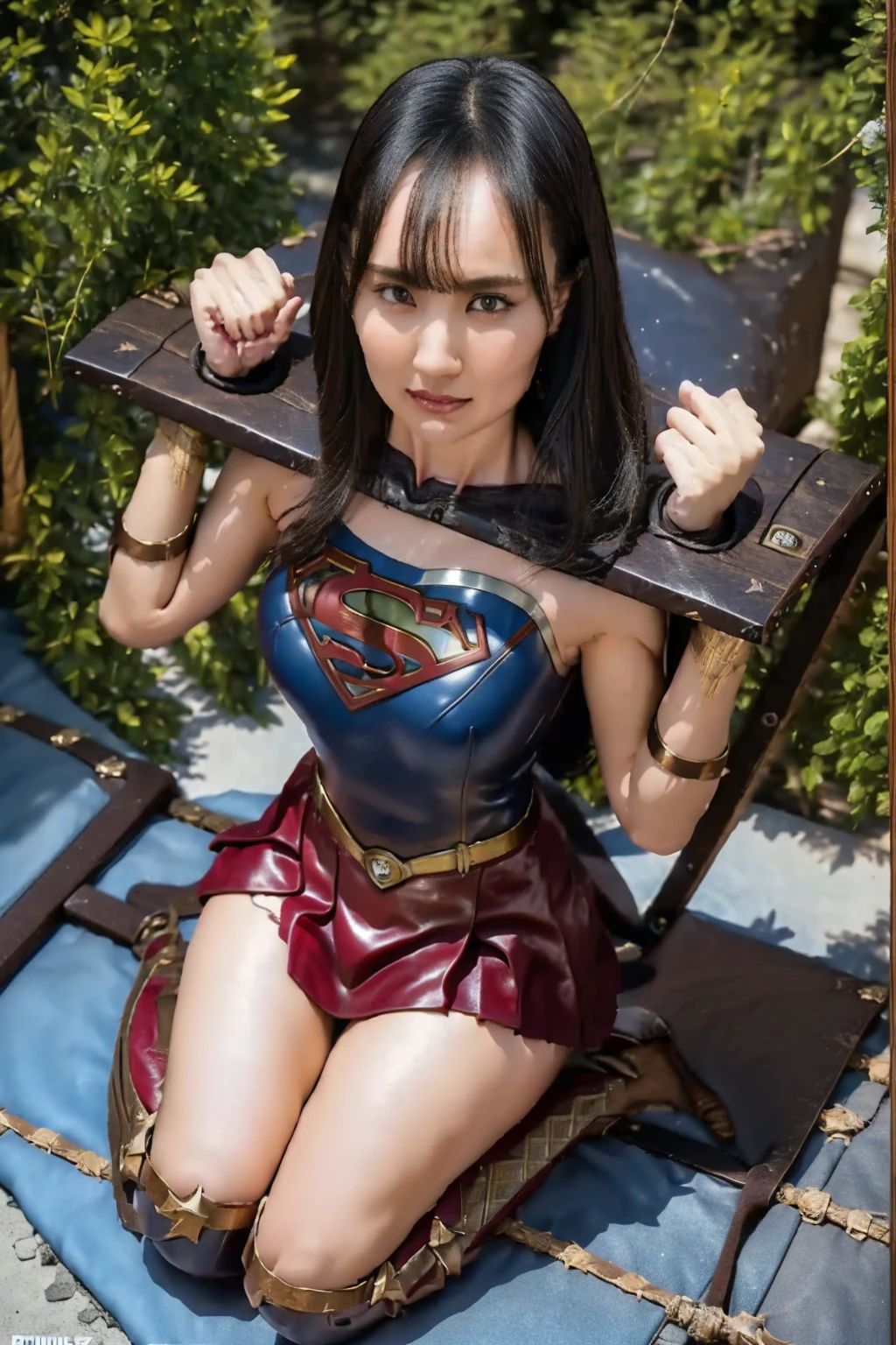 1girl, beautiful girl, wonder woman, (((shackles)), ((shackles and arms down, chain leads, metal collar, wrists tied)), bondage, slavery, restraint, 2man on background, best quality, masterpiece, ultra high res, (photorealistic:1.4), RAW photo, (no floor). Tied in wooden chair.