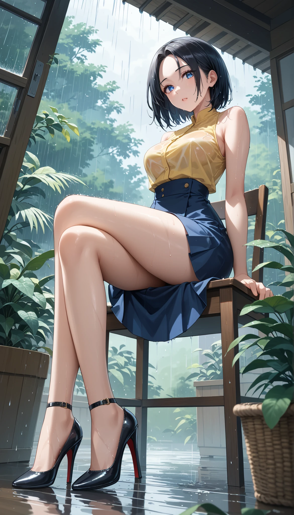 MakiSHS1, One,  short hair, 1 girl,  Looking at the viewer, green hair, panties, bang , sexy body, legs , muscular , closed mouth, muscular female , yellow eyes, large грудь, on open air, sky, blue sky, clouds, trees, building,   Sitting, Sitting in, girl Sitting, BREAK masterpiece, Best quality, very detailed background, perfect lightingBest quality 