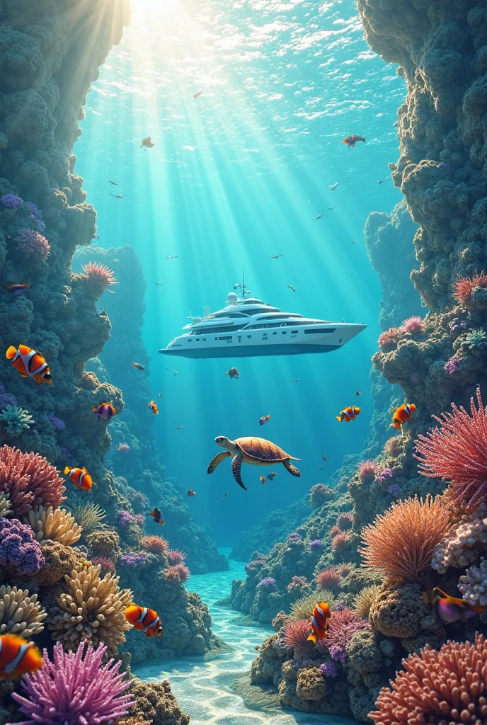 A sunken ship in the shape of a whale is on the ocean floor、A turtle is swimming、Beautiful sea