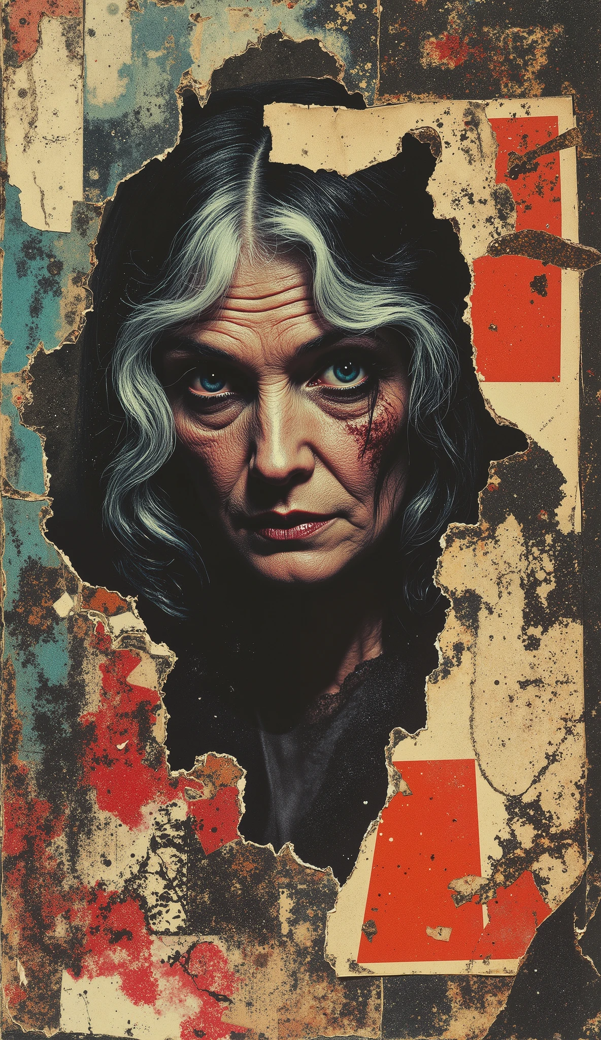 film(1929), directed by Luis Buñuel, Surreal retro collage artwork composed of cutouts from vintage horror magazines, chaotic and rebellious composition, torn paper textures, bold pop colors, absurd juxtapositions, sinister nostalgic aesthetic. Hidden within the vibrant, there is a strange old woman with black and white hair — subtly integrated, fragmented and partially obscured, immovable in the midst of chaos. At first sight, imperceptible, but revealed upon closer inspection. It evokes mystery and contrast, combining nostalgia with silent rebellion and horror.