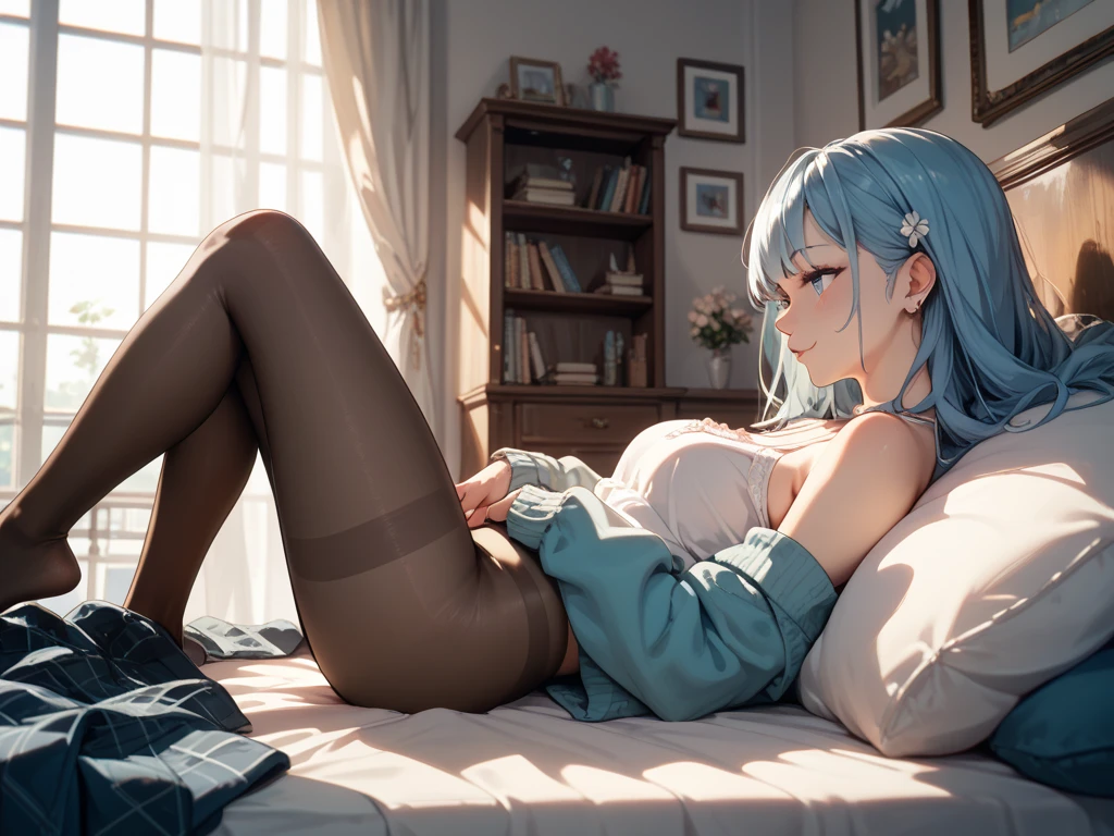 masterpiece, best quality, ultra-detailed, illustration, epic lighting, cinematic composition, 1girl, rem_re_zero, cute, lustrous skin, blue hair, long hair, (hair over one eye:1.3), blue eyes, (white thighhighs:1.2), garter straps, white panties, camel toe, lying, on side, sleeping:1.1, closed eyes,, sidewayass, indoors, bedroom, close-up, bed, pillows, night, fantasy, (dark, darkness, pitch black, shadows:1.4), (8k:1.1),