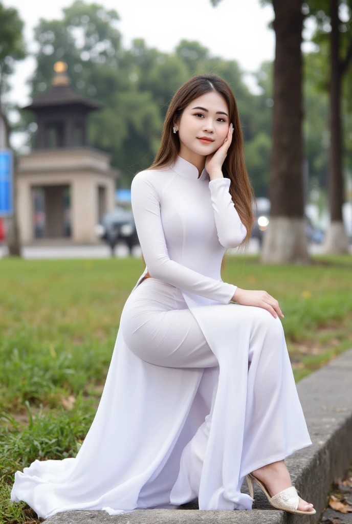 big breasts, round breasts, wearing bra inside ao dai, slim figure, beautiful figure, big breasts, long straight hair, ((sharp 8k quality photo)), ((details of beautiful, sharp face, face balanced) cho)), ((beautiful breasts, exposed cleavage, plump body), (( beautiful sparkling eyes, sharp eye details, beautiful face, balanced eyes)), (( sitting in the rain full body, wet ao dai revealing chest in the rain)), ((super beautiful body with high details, tight body with bust and slim waist)), ((round breasts, exposed chest, tight topless chest, nude, naked, no shirt)), ((it was raining heavily, there was no sunshine))