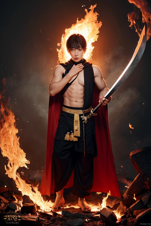 realist, masterpiece, intricate details, detailed background, depth of field, muscular, Photo of a handsome Korean magician, (Young Korean man looking like a K-pop idol), 25yo, (short white hair), Voluptuous crotch, fire spell, magician, He wears a long cape with a hood, Sexy muscular, wearing thong, Chest focus, pyromaniac, White skin, pale, （big fat ass , phat ass) , (wide hips , wide pelvis)