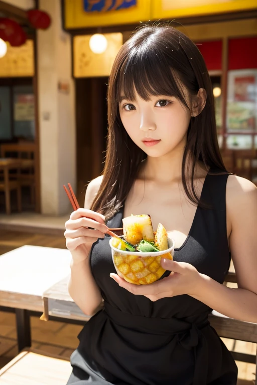 photorealistic Holding a hamburger with both hands Fast food restaurants Black Hair Long Hair straight With bangs beautiful girl:1.1 Drooping eyes, Big Breasts Tank top