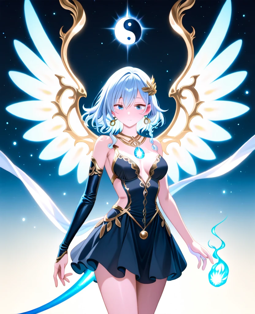 night, ((1 girl)), alone, masterpiece, 8k wallpaper, High resolution, Absurd, High Quality Backgrounds, short hair, Black Hair, Multicolored Hair, Beautiful frozen village, (Bright full moon), Blue clothes, Detailed dress, Jewelry Dress, (magic:1.2), blue fire, blue eyes, Glowing Eyes, fire, Ice Goddess, (Beautiful crown with blue details), electricity, blue electricity, Blue light particles