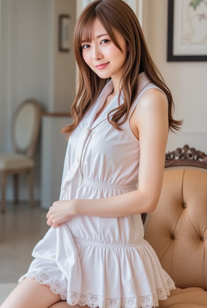 Close-up portrait of 1girl, 26 years old young milf, yuuki asuna from SAO, ((Asuna's long orange hairstyle with side-bangs)), I'm wearing: (baggy loose milf's wear:1.5), (foot-long frilled skirt:1.5), ((polite & proper housewife's dressing:1.75)), (casual overall mature woman outings:1.5), (perfect 5fingers each hands), (I have thick sexy arms), ((I'm fully clothed)), (dynamic pose), voluptuous, thick, curvy model body, fleshy juicy hips, -bearing hips, ((indoor - inside a simple japanese apartment)), (I'm touching my womb area shyly:1.5), (accessories - ring), upper body portrait, (in coffee shop), ((8K 、RAW photos、top-quality、tmasterpiece)、 Film Grain、High Detail RAW Color Photo Professional Photo、(hentail realism、Photorealism:1.37)、(top-quality)、(Best shadows)、(The best illustrations)、 8k wallpaper、physically-based renderingt),