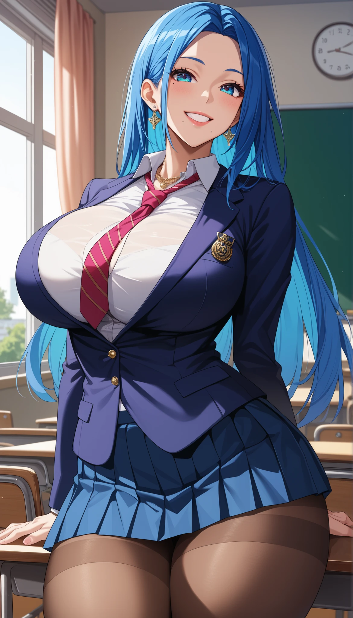 Fraction_9, Fraction_8_up , Fraction_7_up , Fraction_6_up , Fraction_5_up , Fraction_4_up , source_ Japanese Animation, Source_Anime, Tag 2, quality_masterpiece, solo, 1girl, cinematic photography, dynamic angle, proportional body, wind blow, BREAK, young, cute face, detailed face, detailed eyes, (mole under mouth:1.2), soft expression, light lipstick, Detailed Skin, BREAK, detailed hair, ((blue hair)), (straight long hair, parted bangs, forehead), BREAK, ((huge breasts:1.2)), deep cleavage, ((wide hips, thick thighs:1.1)), BREAK, (high school uniform), (blazer, skirt, pantyhose), necklace, elegant, smiling slightly, posing, BREAK, dynamic background, classroom, Rating _Suspicious, lively, cinematic, dramatic, beautiful details, intricate details