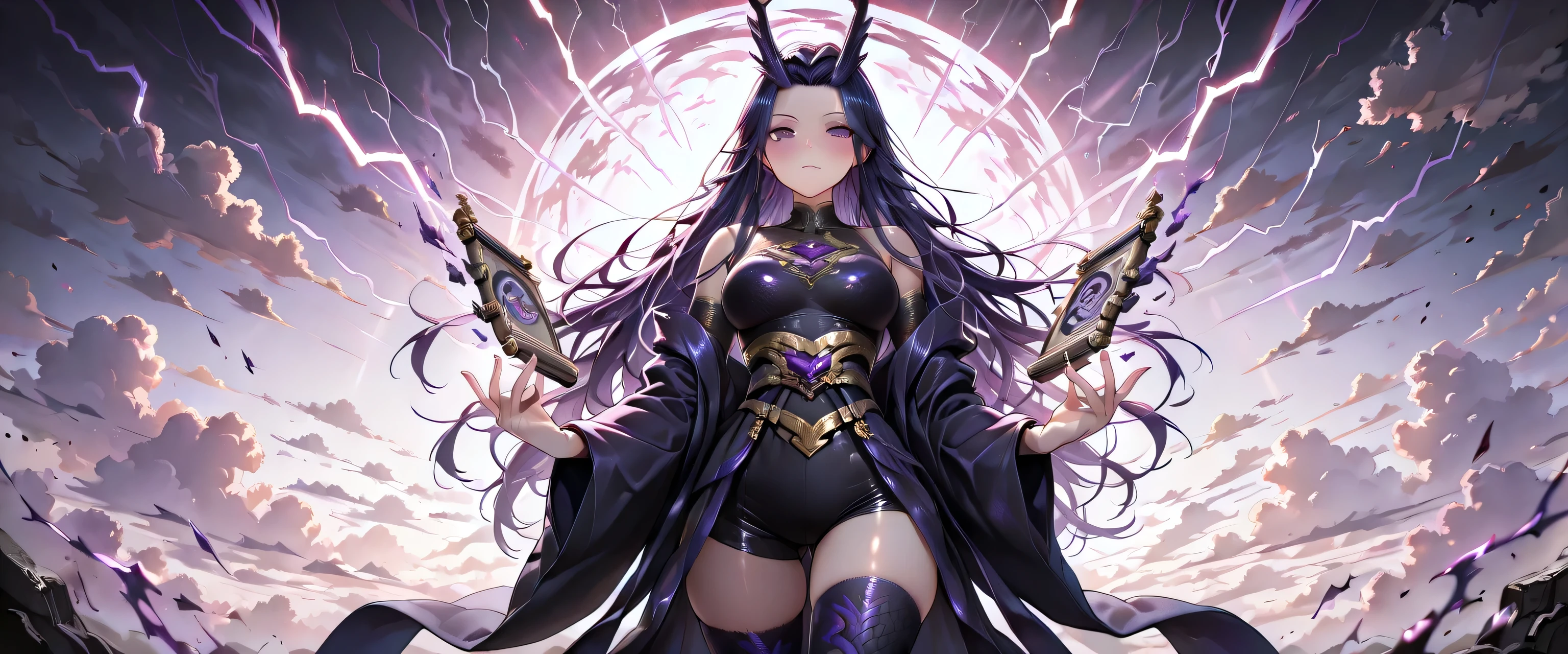 ((masterpiece, best quality, ultra detailed, high resolution, beautiful detailed face, beautiful detailed eyes, perfect hands, 4K)), (young girl, solo), (medium breasts), (masterpiece, ultra-detailed, 4K, cinematic light), Female Raijin, Japanese thunder goddess, traditional sumi-e ink painting style, fierce and majestic female figure with flowing dark purple hair, purple G-STRING panties shorts , intense glowing eyes, draped in a storm-wrapped robe or short kimono, surrounded by ancient taiko drums suspended in mid-air, lightning arcs leaping between them, floating among dark storm clouds, dramatic ink brushstrokes and splashes, minimal color with dark gray and electric purple ink wash, powerful and divine posture, ancient Japanese scroll aesthetic, calligraphic energy, mystical and sacred atmosphere, washi paper texture background, midriff, bangdage hands, bangdage leg, bangdage chest, hight angle