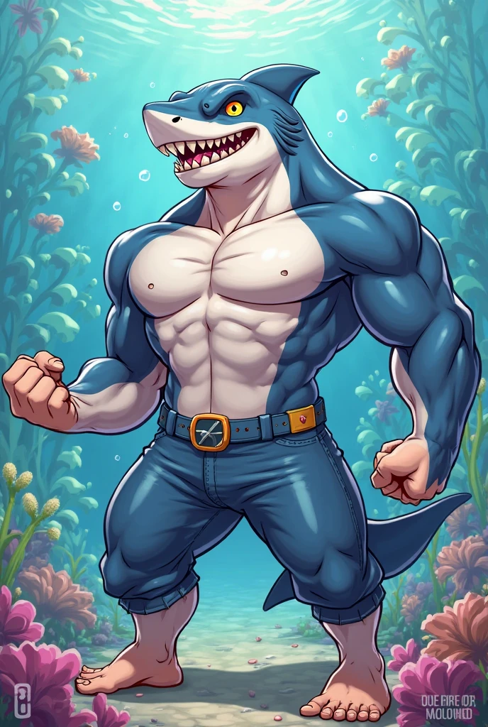 hi res,(shark, finless shark), not furry, anthro, aqua blue eyes, tiny black thong, white shirt, white shirt, male, muscular, muscular anthro, muscular male, tail, outside, plant, light blue body, sea, solo, tree, (water), detailed background,by milkytiger1145,by takemoto arashi,by null-ghost, cold atmosphere, open smile, soft blue blush, muscular thighs, thick thighs