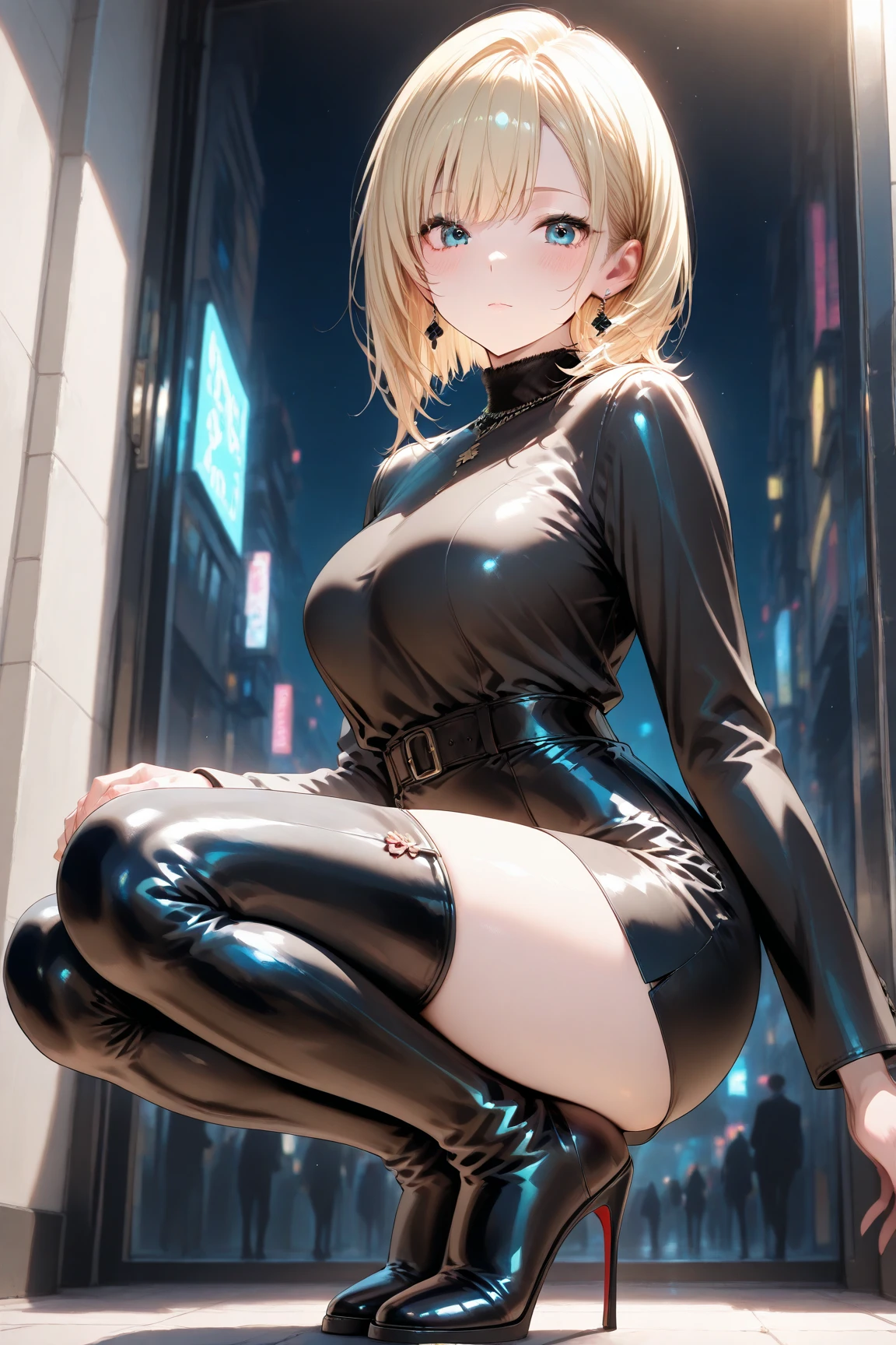 ((Highest quality)), ((masterpiece)), (detailed),Perfect Anatomy,Natural Light,In the city where buildings stand side by side,Night Scenery,A very cute, baby-faced, black-haired woman,((Highest quality, 8k, masterpiece: 1.3, )),A woman with very small breasts,Well-proportioned, slim body,Long, slender legs,Long, thin hands, detailedな顔, detailedな肌, fine grain, detailedな唇, detailedな舌, detailedな指, Mouth detailed, Beautiful teeth alignment,Realistic, High resolution, Natural light, Dynamic pose,Toned Legs, double eyelid, Tear bags, Round eyes, Moist eyes,Moisturized lips,Long, flowing blonde hair, (((Black leather collar,Wearing a black leather jacket,A black leather jumper that reveals the chest,Wearing a very short black leather miniskirt,White panties look good,Black leather belt at waist))),((spread your legs wide 1.9,Open your legs in an M shape..5,Woman sitting with knees up 1.4,A pose that emphasizes panties,I want to see more panties)),Poses that emphasize the uterus,A pose that gives a good view of the anus and pussy,