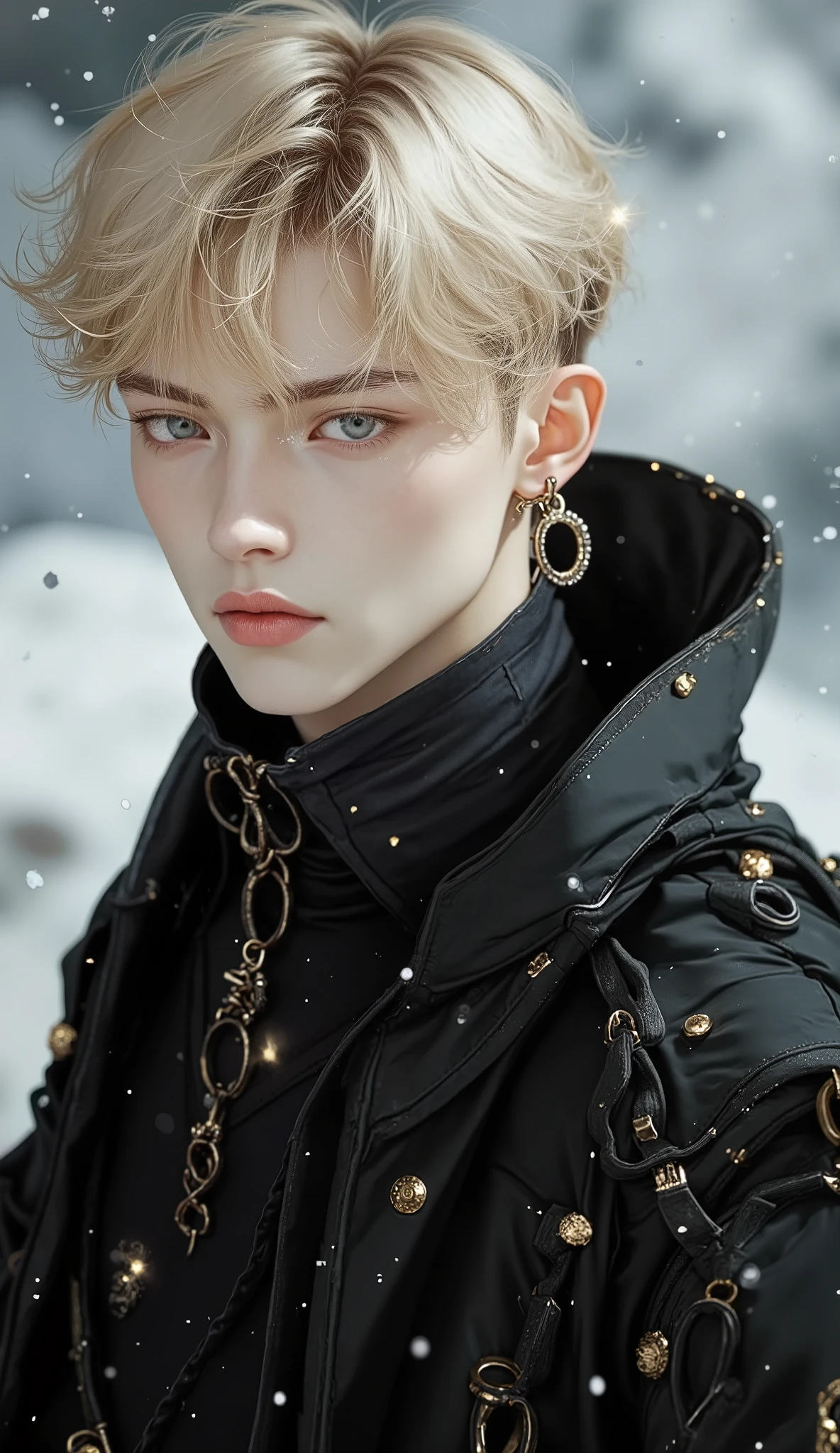 Boy, slightly long blonde hair, dark blue eyes, sharp features, white skin, light pink lips, handsome, perfect, elegant, wearing winter clothes, bright and clear colors, high resolution.