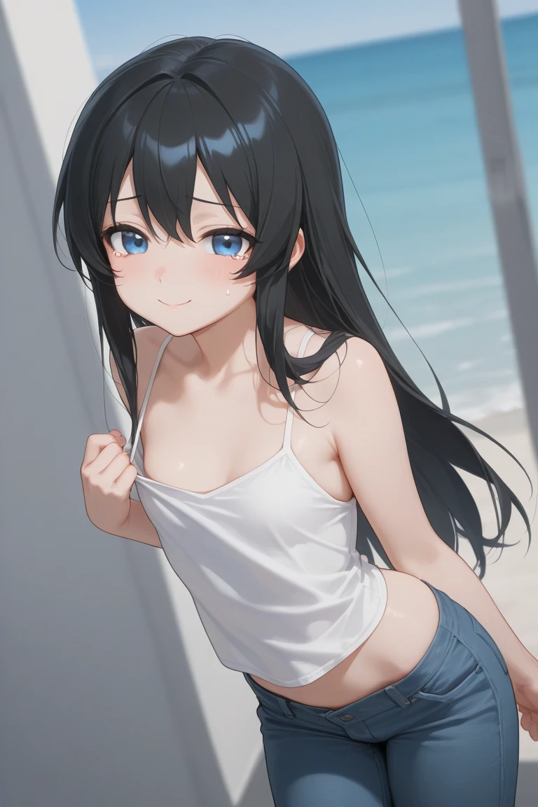 best quality, amazing quality, very aesthetic, absurdres, (1girl, aris (blue archive), blue archive, blue eyes, black hair, small breasts), (realistic face:0.9),(string bikini:1.8), (grin, blush, thigh:1.3), (cowboy shot), (glowing eyes), (half closed eyes:0.9), (), (official art:1.3), (pool), expressive eyes, perfect face, 4k, extremely detailed anime illustration, extremely detailed eyes, perfect anatomy, light rays, extremely delicate body, smooth skin, (simple background:1.5), clear eyes, beautiful face, small breasts,(anime style:1.7), (Warm Light:1.5), (highres:2),