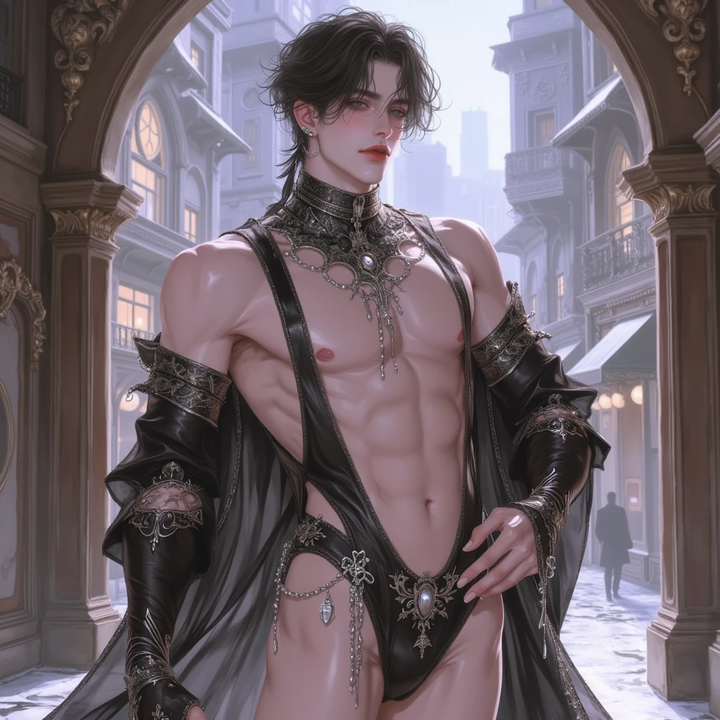 A -year-ooy wishort gray hair and dark skin,flat chest,Very slim figure,Cloak,tattoo,briefs,Thin legs,barefoot,medieval european city