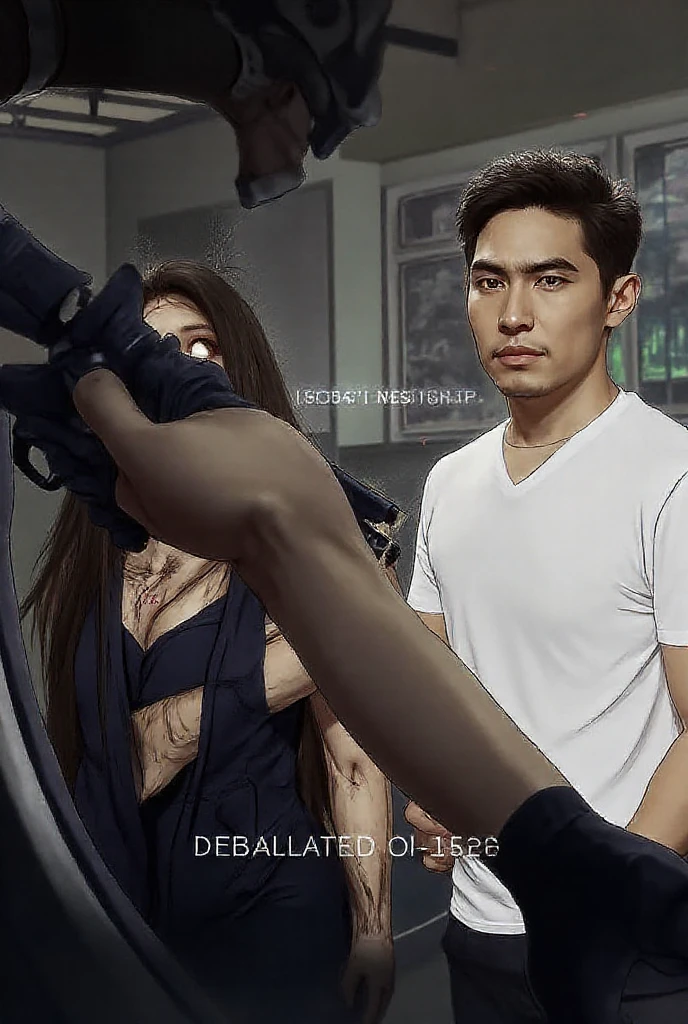 photorealistic, masterpiece, best quality, raw photo, 1girl, solo, long hair, brown hair, detailed face, alluring face, collared shirt, , dynamic pose, looking at viewer, from below, detailed background, fine detailed, intricate detail, ray tracing, depth of field, low key, hdr