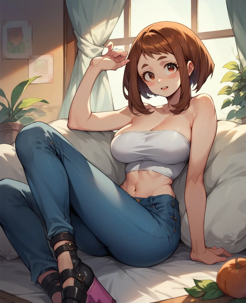 score_9, score_8_up, score_7_up, score_6_up solo, brown hair, blue eyes, short hair, 1 girl, shorts, thigh thighs, mini sleeveless shirt, sitting on chair