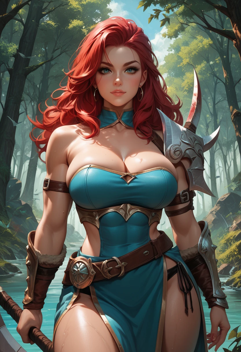 beautiful detailed eyes, beautiful detailed lips, extremely detailed eyes and face, long eyelashes, 1girl, cosplay, Kim Possible cosplays as Aloy from Horizon games, intricate detailed costume, high quality 3D render, cinematic lighting, photorealistic, hyper detailed, vibrant colors, warm lighting, dramatic pose, dynamic action, epic fantasy, human anatomy, no bra