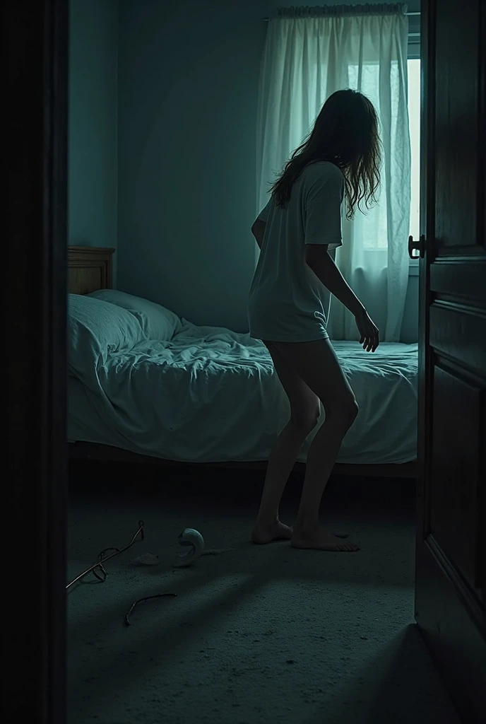 A woman looking under the bed is creepy